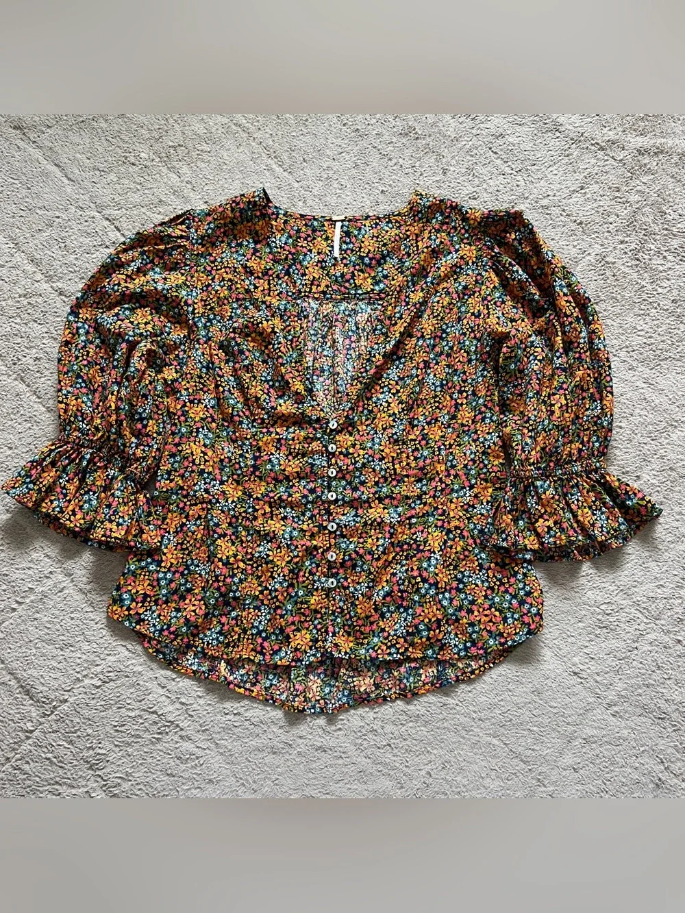 Free People I Found You Floral Blouse Puff Sleeve Boho Cotton Peasant Sz M